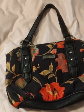 Kim Rogers Black Floral Shoulder Bag with Red and Cream Blooms